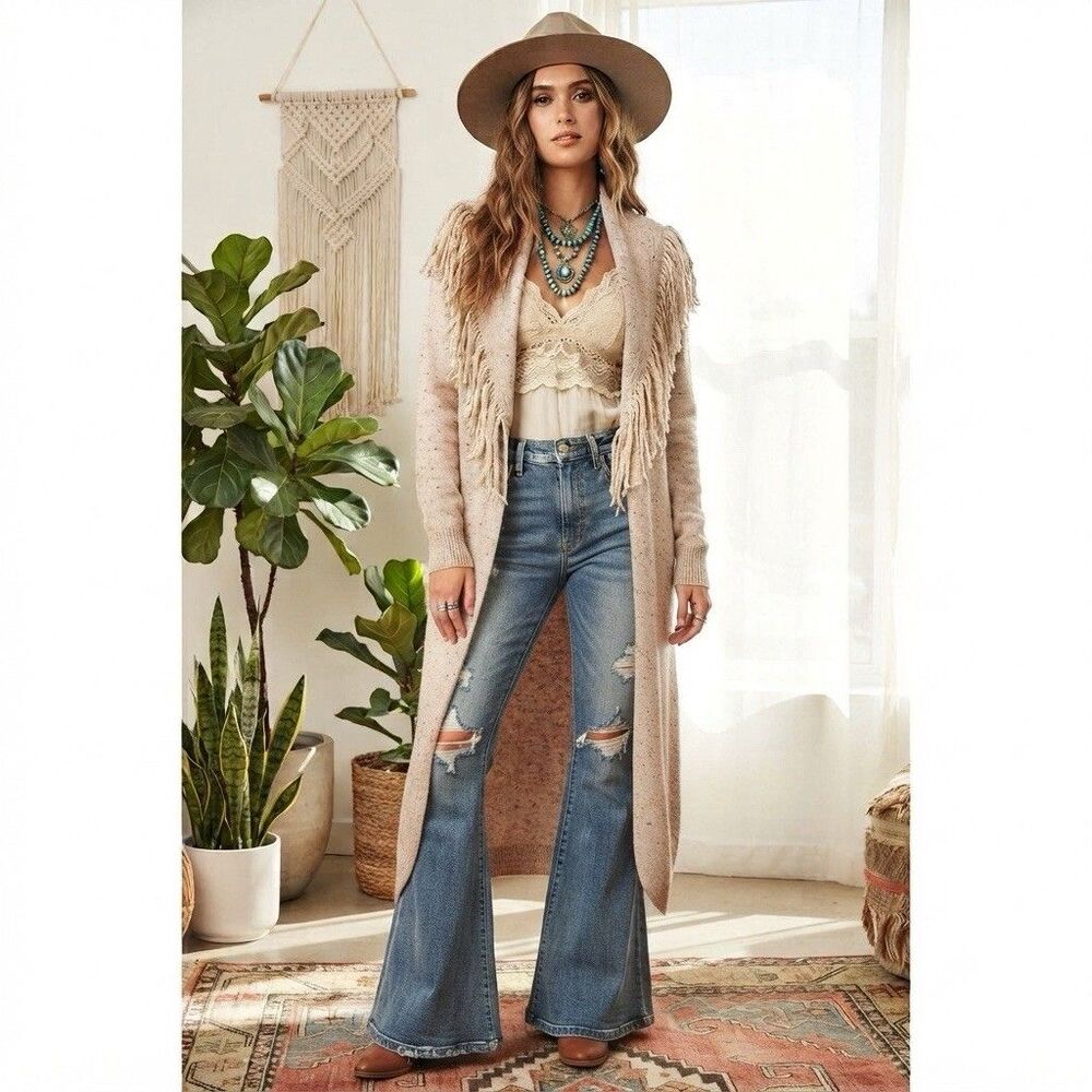 NWT Haute Hippie Fringe Collar Long Cardigan sz XS Beige Duster Boho 70s Western